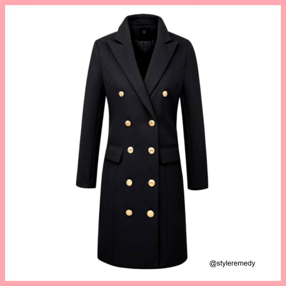 Long Wool Pea Coat Double Breasted Knee Length Office Work Coat - Picture 3 of 7